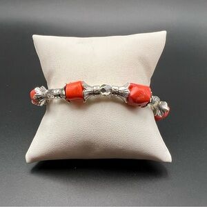 Elegant Silver tone and Red corals Bracelet with clear crystal spacers